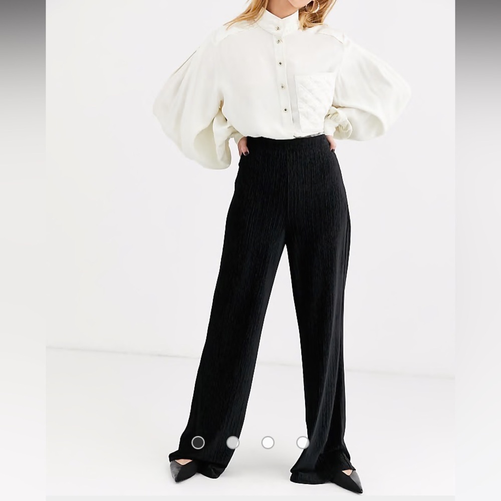 & Other Stories Plisse Wide Leg Pants in Black Velvet Pleated Trousers